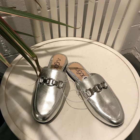 Sugar Shoes - NWOT Metallic silver mule loafers